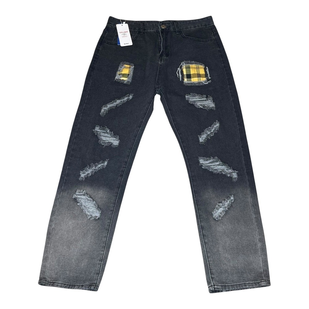 NEW Romwe Distressed Plaid Patch Ombre Straight Leg Jeans Washed Black W32 x L28